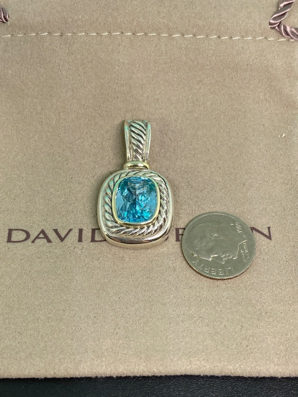 David Yurman Large  Albion Blue Topaz Enhancer 14K Gold Sterling Silver - Picture 7 of 7